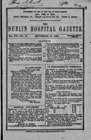 cover page of Dublin Hospital Gazette published on September 15, 1860