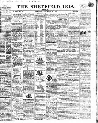 cover page of Sheffield Iris published on September 18, 1838