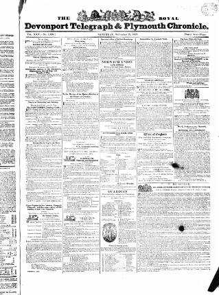 cover page of Royal Devonport Telegraph, and Plymouth Chronicle published on September 22, 1832