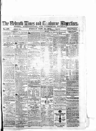 cover page of Cornubian and Redruth Times published on November 15, 1872