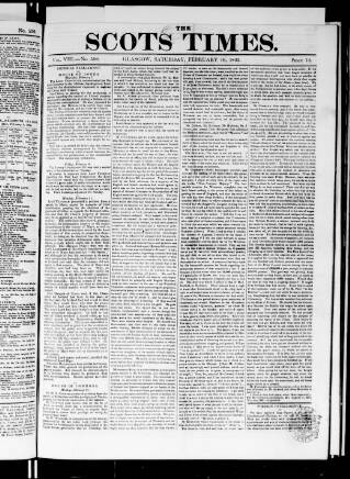 cover page of Scots Times published on February 16, 1833
