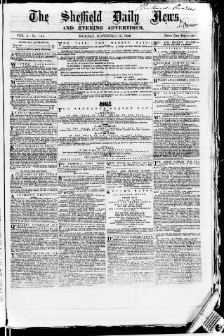 cover page of Sheffield Daily News published on November 15, 1858