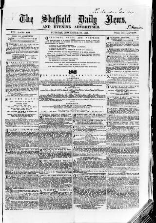 cover page of Sheffield Daily News published on November 30, 1858