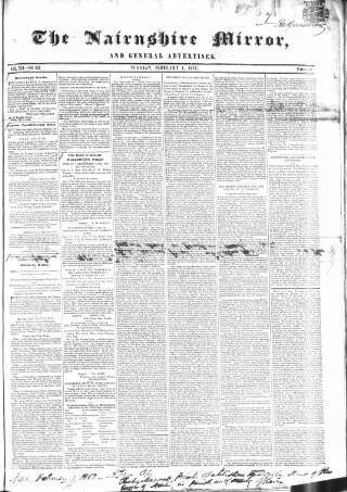 cover page of Nairnshire Mirror published on February 1, 1853