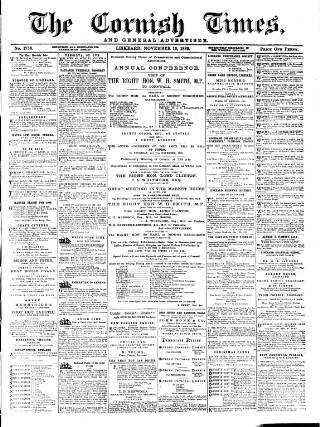 cover page of Cornish Times published on November 16, 1889