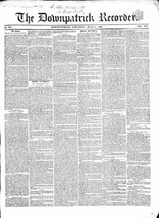 cover page of Downpatrick Recorder published on July 6, 1850