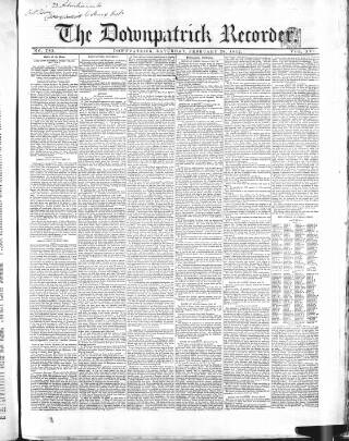 cover page of Downpatrick Recorder published on February 28, 1852