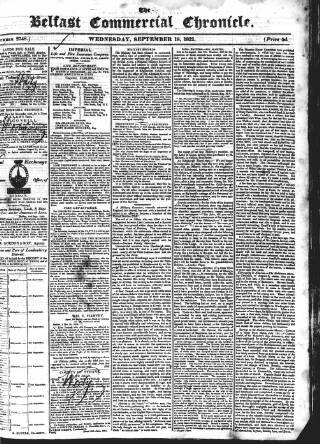 cover page of Belfast Commercial Chronicle published on September 18, 1822