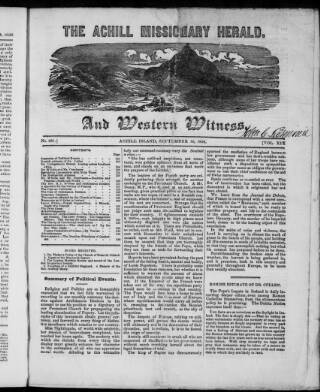 cover page of Achill Missionary Herald and Western Witness published on September 16, 1856
