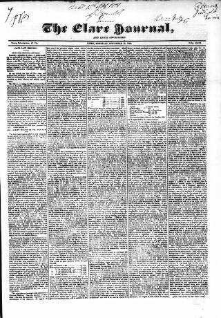 cover page of Clare Journal and Ennis Advertiser published on November 15, 1838