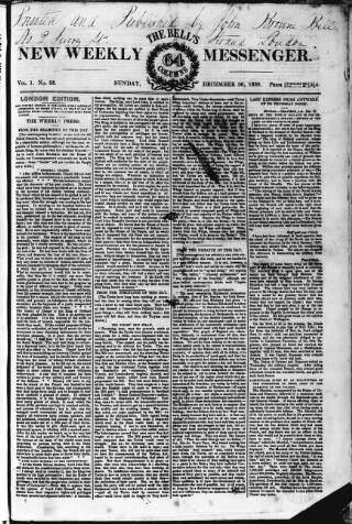 cover page of Bell's New Weekly Messenger published on December 30, 1832