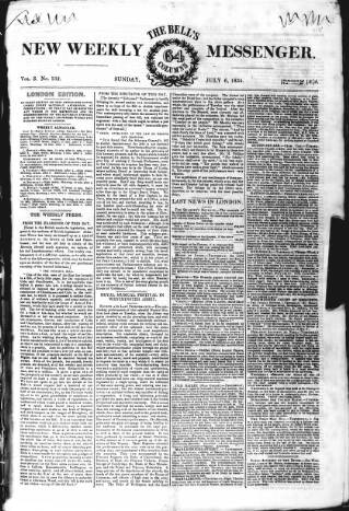 cover page of Bell's New Weekly Messenger published on July 6, 1834