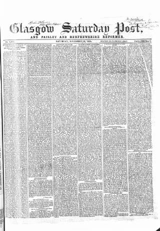 cover page of Glasgow Saturday Post, and Paisley and Renfrewshire Reformer published on November 12, 1864