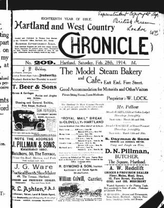 cover page of Hartland and West Country Chronicle published on February 28, 1914