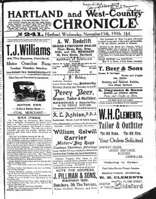 cover page of Hartland and West Country Chronicle published on November 15, 1916