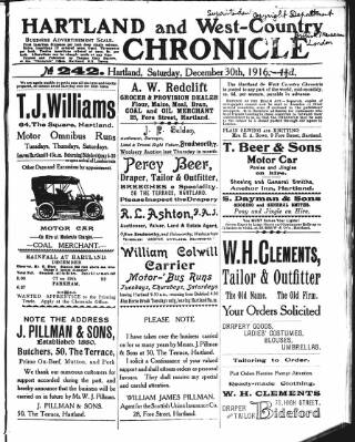 cover page of Hartland and West Country Chronicle published on December 30, 1916
