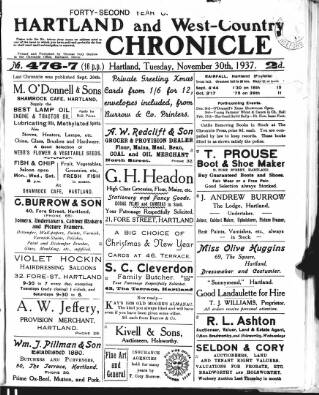 cover page of Hartland and West Country Chronicle published on November 30, 1937