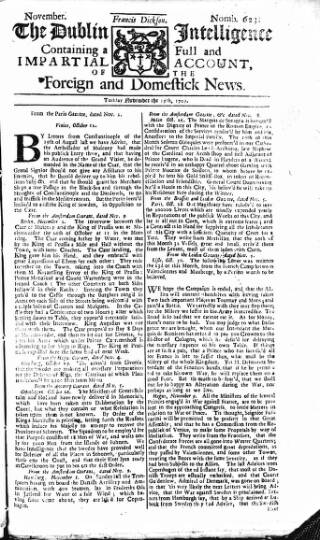 cover page of Dublin Intelligence published on November 15, 1709