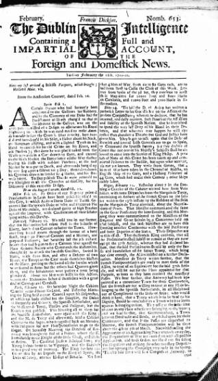 cover page of Dublin Intelligence published on February 28, 1710