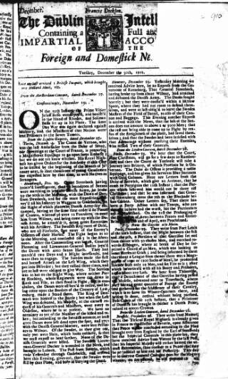 cover page of Dublin Intelligence published on December 30, 1712