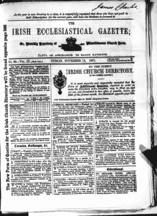 cover page of Irish Ecclesiastical Gazette published on November 15, 1861