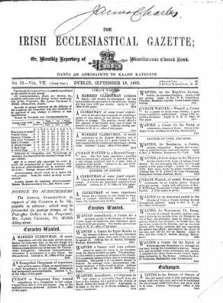 cover page of Irish Ecclesiastical Gazette published on September 18, 1865