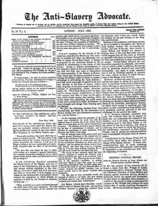 cover page of Anti-Slavery Advocate published on July 1, 1858