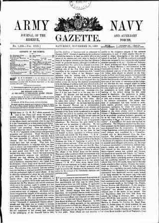 cover page of Army and Navy Gazette published on November 30, 1889