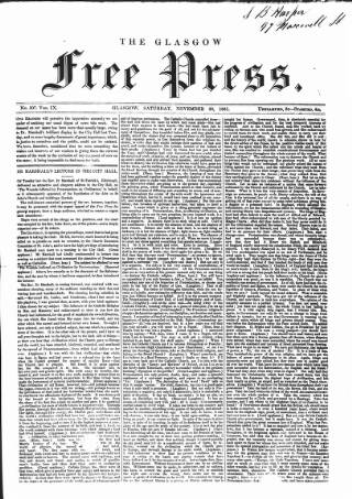 cover page of Glasgow Free Press published on November 30, 1861