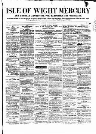 cover page of Isle of Wight Mercury published on December 4, 1858