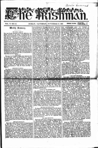 cover page of The Irishman published on November 15, 1862