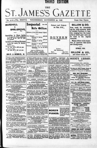 cover page of St James's Gazette published on November 30, 1898