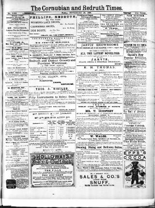 cover page of Cornubian and Redruth Times published on November 30, 1888