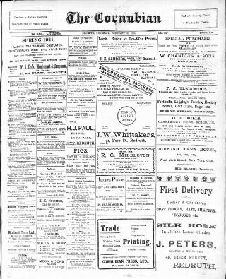 cover page of Cornubian and Redruth Times published on February 28, 1924
