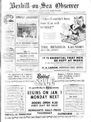 cover page of Bexhill-on-Sea Observer published on December 30, 1939