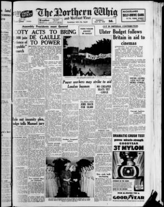 cover page of Northern Whig published on May 29, 1958