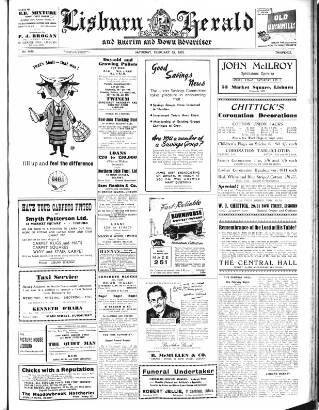 cover page of Lisburn Herald and Antrim and Down Advertiser published on February 28, 1953