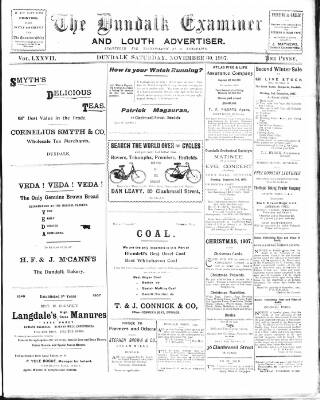 cover page of Dundalk Examiner and Louth Advertiser published on November 30, 1907