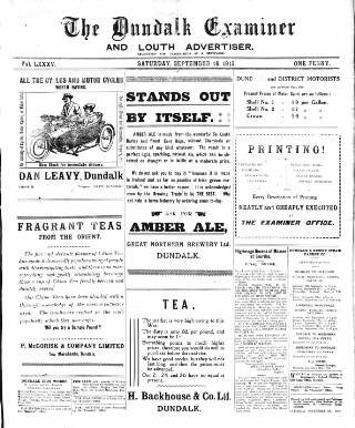 cover page of Dundalk Examiner and Louth Advertiser published on September 18, 1915