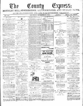 cover page of County Express; Brierley Hill, Stourbridge, Kidderminster, and Dudley News published on November 15, 1884