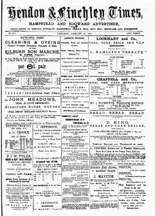 cover page of Hendon & Finchley Times published on February 28, 1880