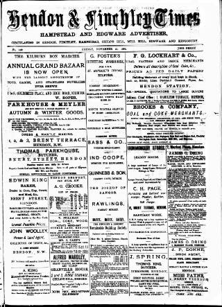 cover page of Hendon & Finchley Times published on November 30, 1883