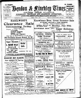 cover page of Hendon & Finchley Times published on July 6, 1923