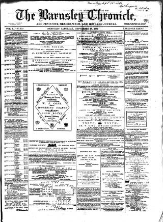 cover page of Barnsley Chronicle published on September 18, 1869