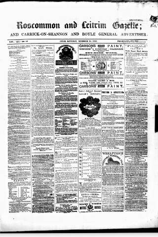 cover page of Roscommon & Leitrim Gazette published on November 30, 1872