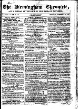 cover page of Birmingham Chronicle published on September 29, 1825