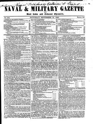 cover page of Naval & Military Gazette and Weekly Chronicle of the United Service published on September 18, 1841