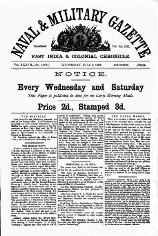 cover page of Naval & Military Gazette and Weekly Chronicle of the United Service published on July 6, 1870