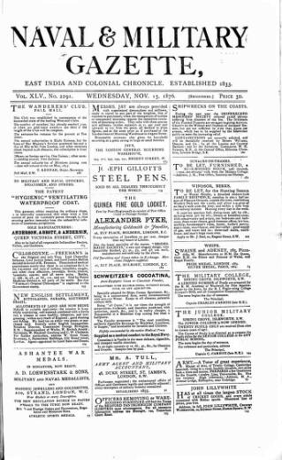 cover page of Naval & Military Gazette and Weekly Chronicle of the United Service published on November 15, 1876