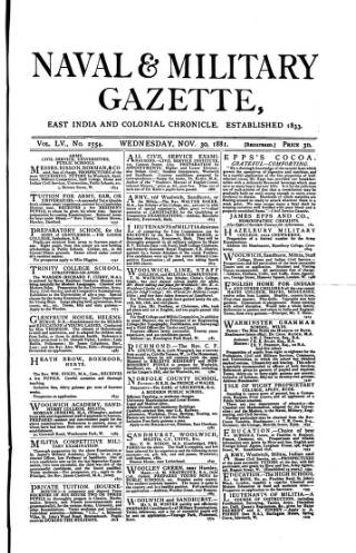 cover page of Naval & Military Gazette and Weekly Chronicle of the United Service published on November 30, 1881